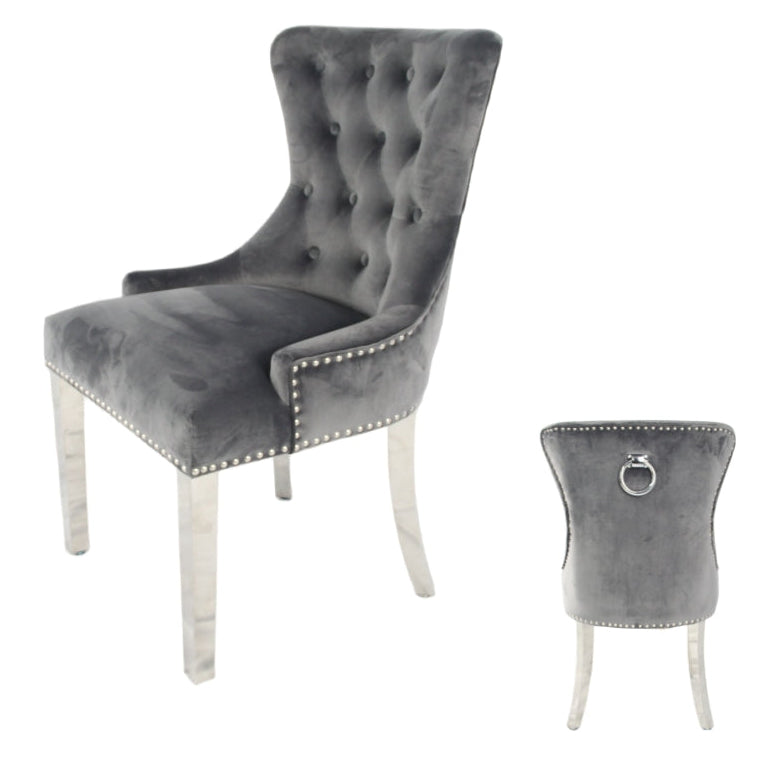 2 x Chelsea Dark Grey Chairs (Ring Knocker/Chrome Legs) detail