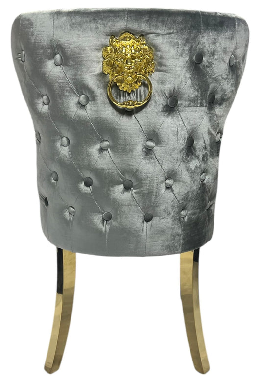 2 x G-Lewis Light Grey Chairs (Lion Knocker/Gold Legs) detail