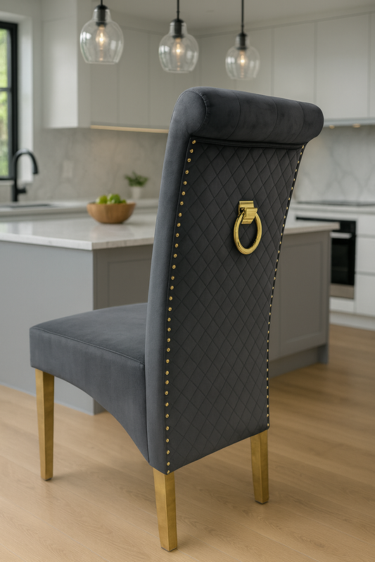 2 x G-Lucy Dark Grey Chairs (Ring Knocker/Gold Legs) detail