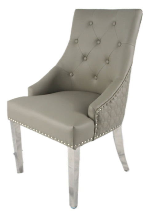 2 x Roma PU Light Grey Chairs (Lion Knocker/Chrome Legs) detail