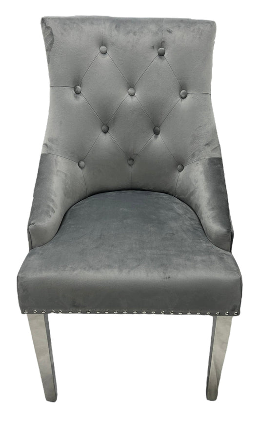2 x Jessica Dark Grey Chairs (Ring Knocker/Chrome Legs) detail