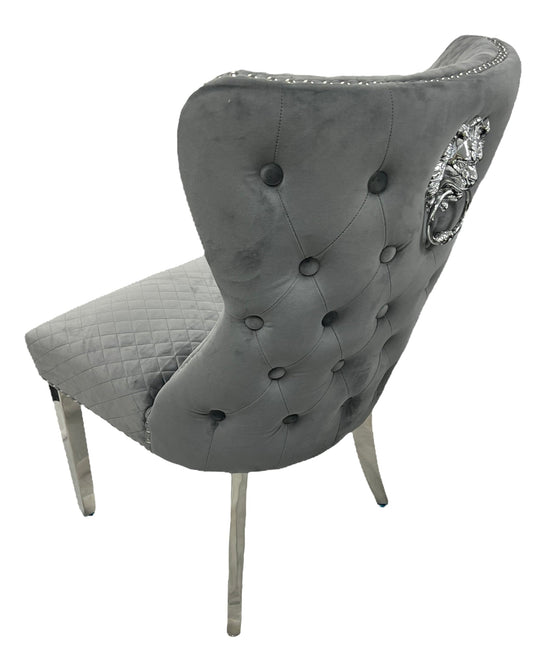 2 x Lewis 01 Plush Dark Grey Chairs (Lion Knocker/Chrome Legs) detail