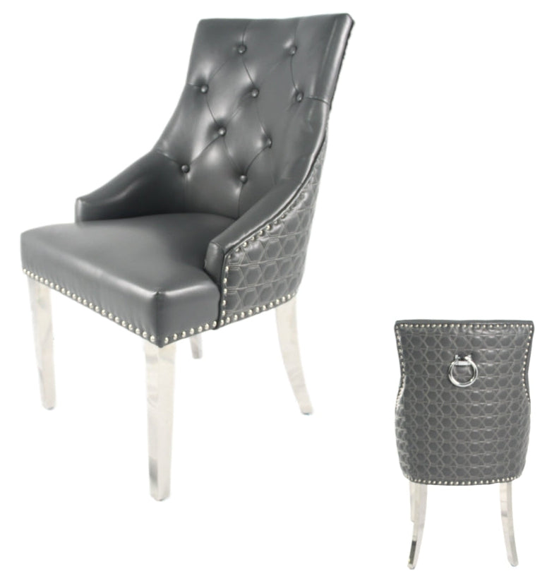 2 x Roma PU Dark Grey Chairs (Ring Knocker/Chrome Legs) detail