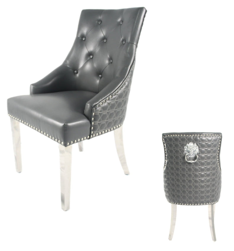 2 x Roma PU Dark Grey Chairs (Lion Knocker/Chrome Legs) detail