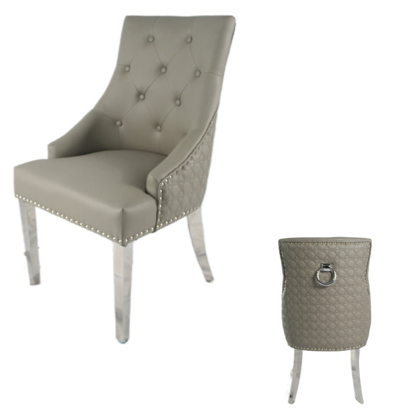 2 x Roma PU Light Grey Chairs (Ring Knocker/Chrome Legs) detail