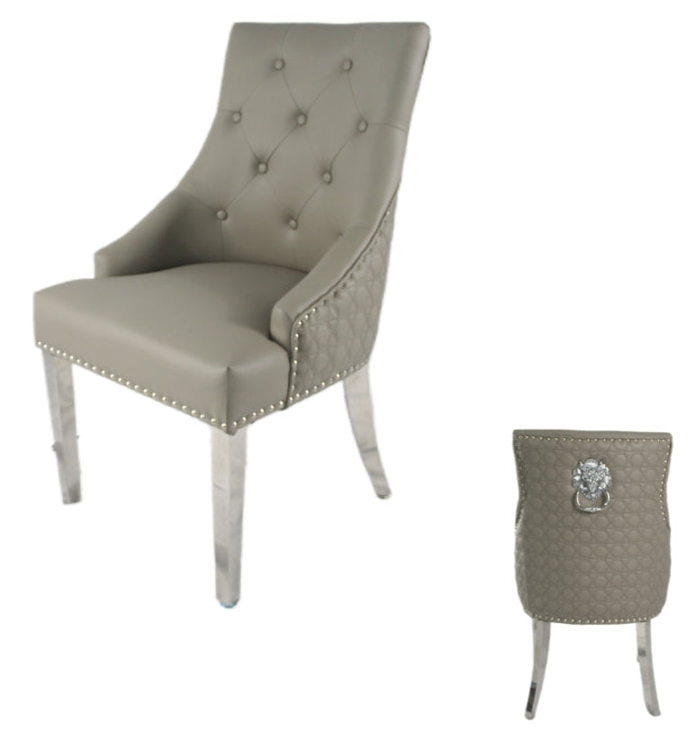 2 x Roma PU Light Grey Chairs (Lion Knocker/Chrome Legs) detail