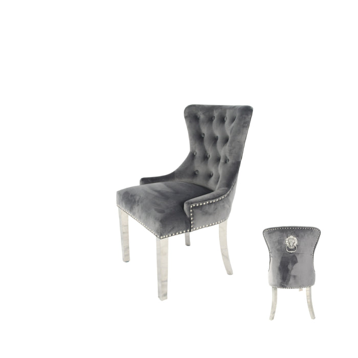 Chelsea Dark Grey Chair (Lion Knocker/Chrome Legs)