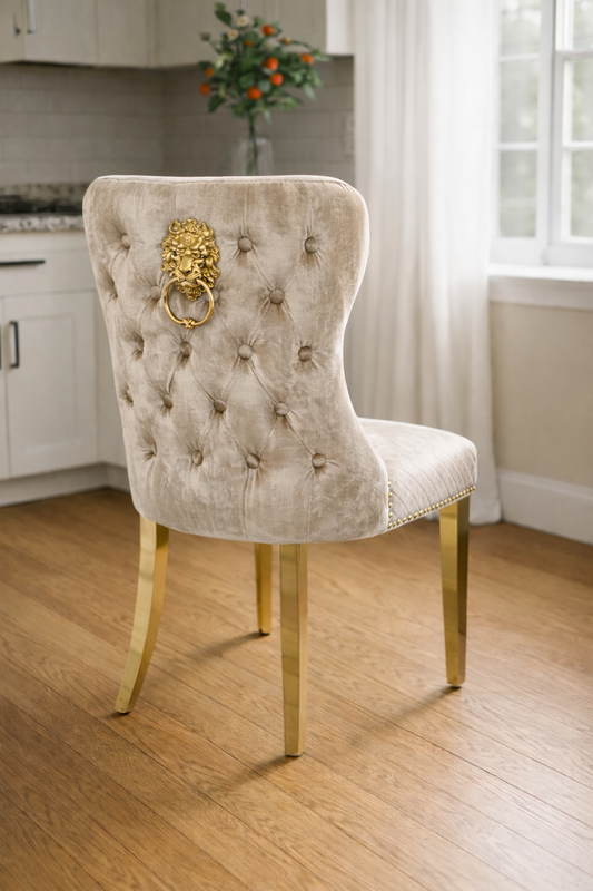 2 x G-Lewis Mink Chairs (Lion Knocker/Gold Legs)