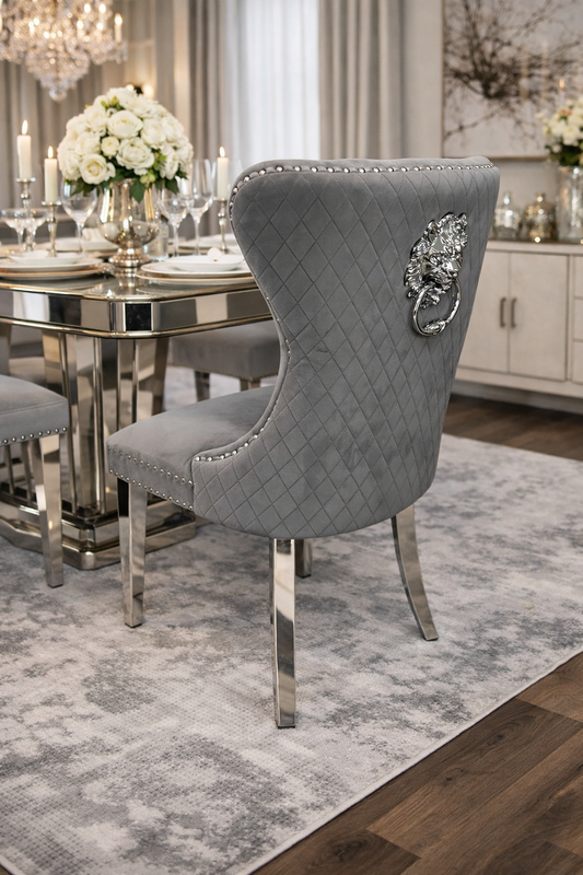 2 x Mayfair Dark Grey Chairs (Lion Knocker/Chrome Legs)