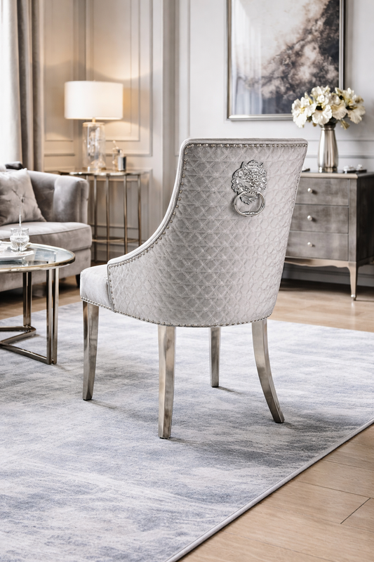 2 x Roma Silver Grey Chairs (Lion Knocker/Chrome Legs)