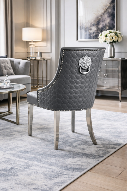 2 x Roma PU Dark Grey Chairs (Lion Knocker/Chrome Legs)