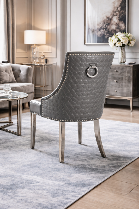 2 x Roma PU Dark Grey Chairs (Ring Knocker/Chrome Legs)