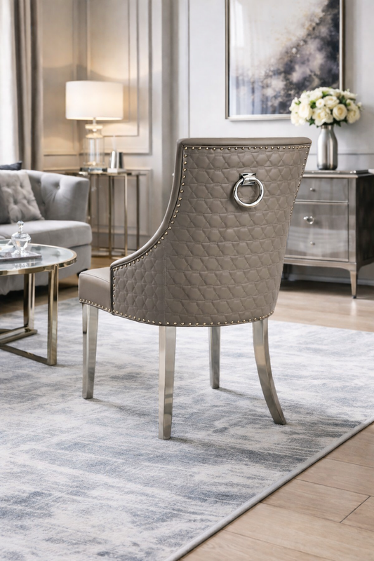 2 x Roma PU Light Grey Chairs (Ring Knocker/Chrome Legs)