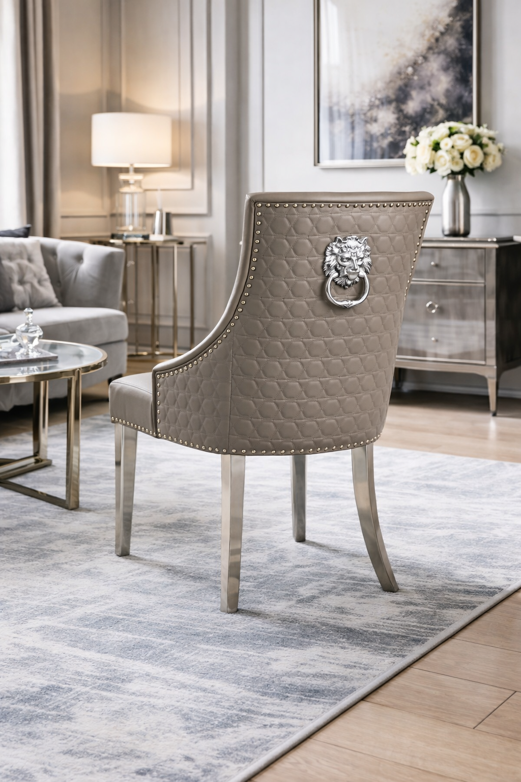 2 x Roma PU Light Grey Chairs (Lion Knocker/Chrome Legs)