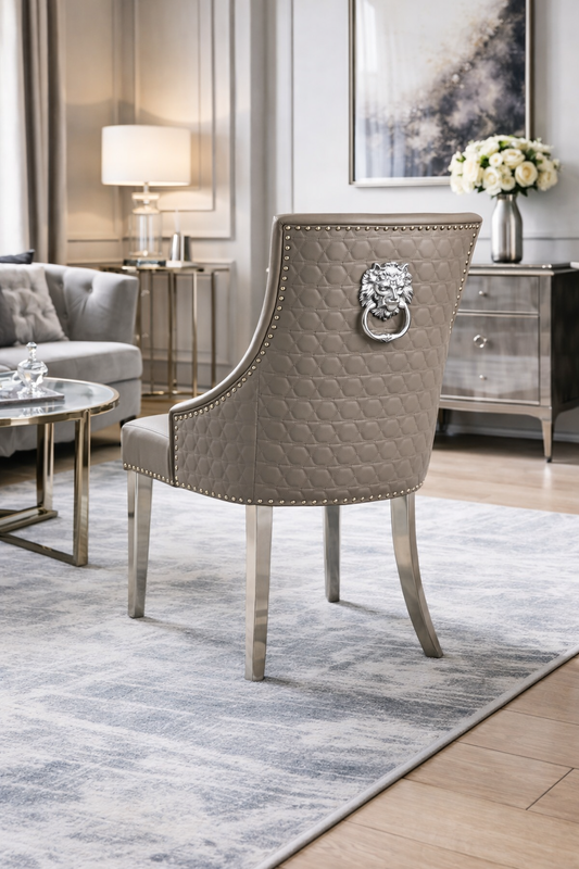 2 x Roma PU Light Grey Chairs (Lion Knocker/Chrome Legs)