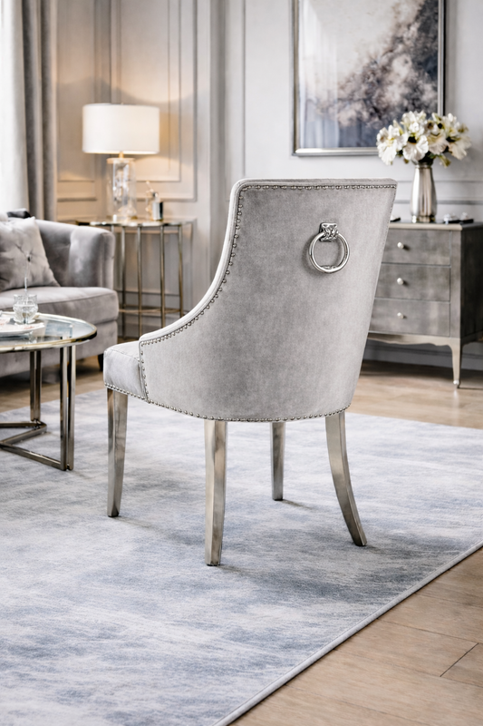 2 x Jessica Silver Grey Chairs (Ring Knocker/Chrome Legs)