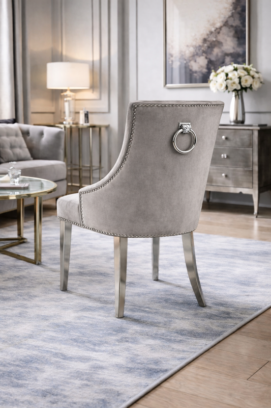 2 x Jessica Dark Grey Chairs (Ring Knocker/Chrome Legs)