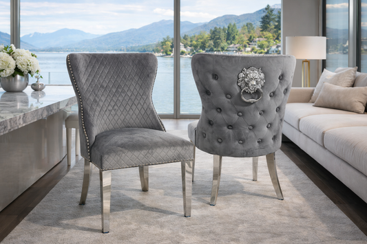 2 x Lewis 01 Plush Dark Grey Chairs (Lion Knocker/Chrome Legs)