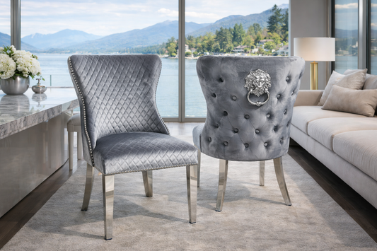 2 x Lewis Light Grey Chairs (Lion Knocker/Chrome Legs)