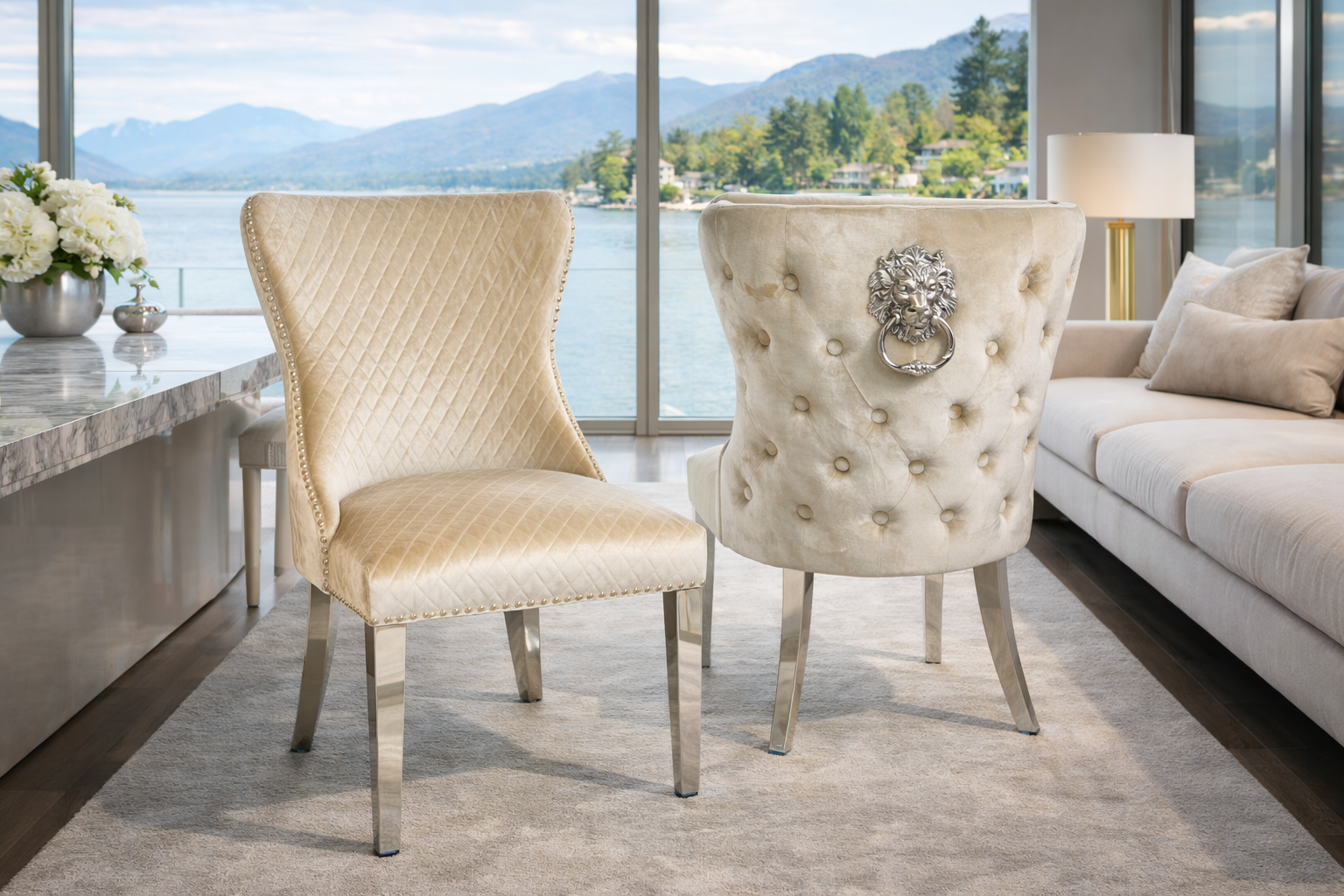 2 x Lewis Mink Chairs (Lion Knocker/Chrome Legs)