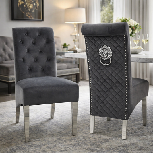 2 x Lucy 01 Dark Grey Chairs (Lion Knocker/Chrome Legs)