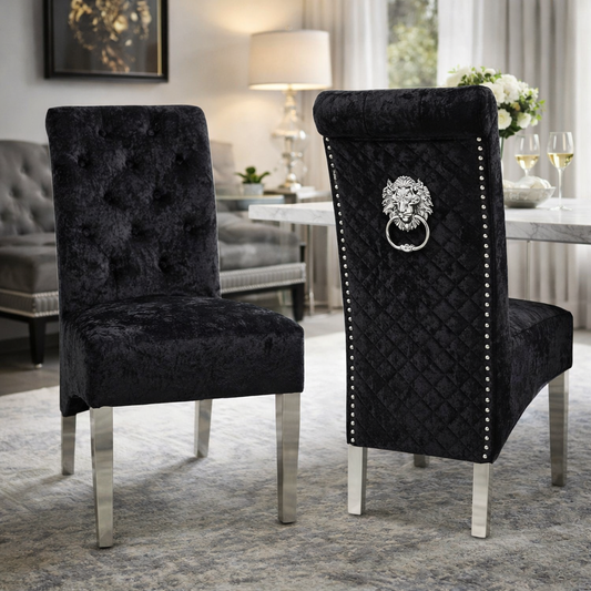2 x Lucy 01 Crushed Black Chairs (Lion Knocker/Chrome Legs)