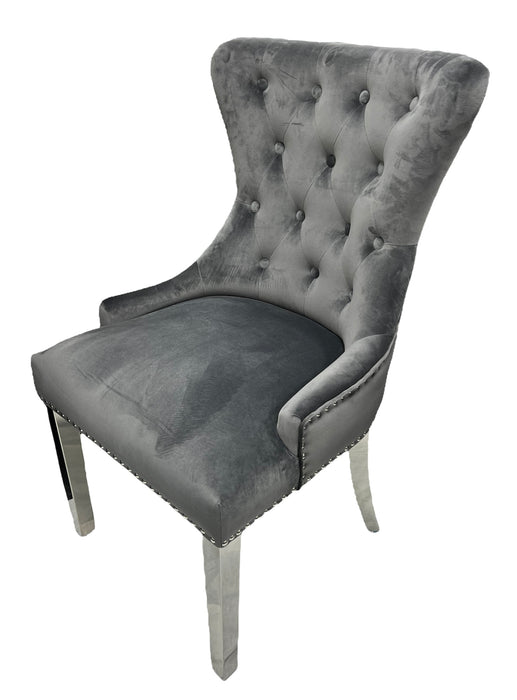 Chelsea Dark Grey Chair (Lion Knocker/Chrome Legs)
