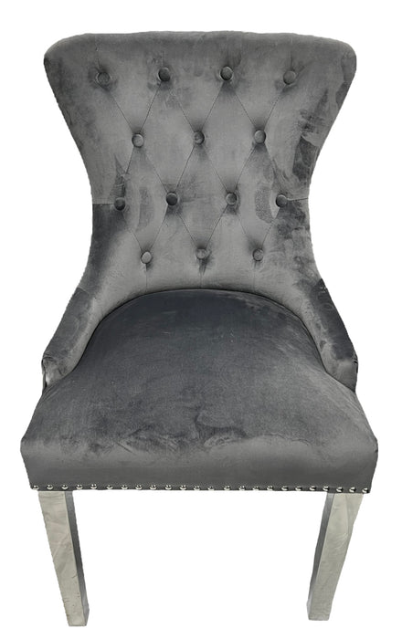Chelsea Dark Grey Chair (Lion Knocker/Chrome Legs)