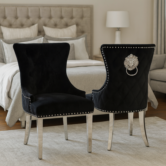 2 x Chelsea 01 Black Chairs (Lion Knocker/Chrome Legs)