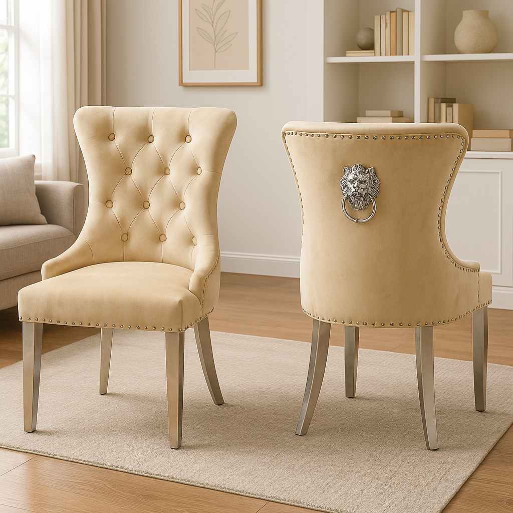 2 x Chelsea 01 Cream Chairs (Lion Knocker/Chrome Legs)