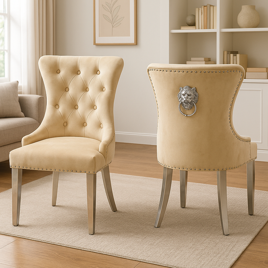 2 x Chelsea 01 Cream Chairs (Lion Knocker/Chrome Legs)