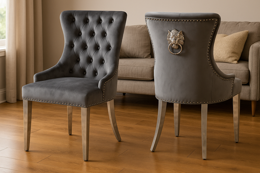 2 x Chelsea 01 Dark Grey Chairs (Lion Knocker/Chrome Legs)