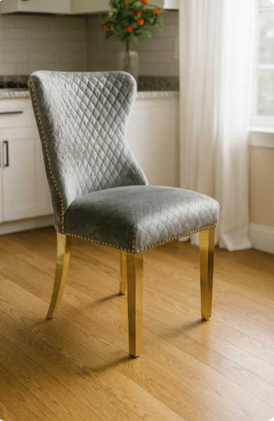 2 x G-Lewis Light Grey Chairs (Lion Knocker/Gold Legs)