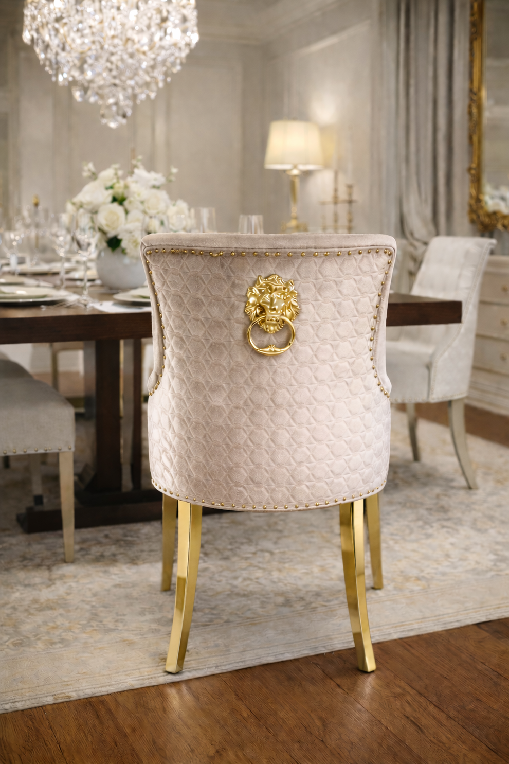 2 x G-Roma Mink Chairs (Lion Knocker/Gold Legs)