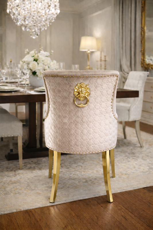 2 x G-Roma Mink Chairs (Lion Knocker/Gold Legs)