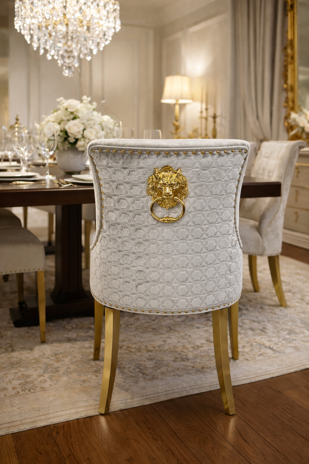 2 x G-Roma Silver Grey Chairs (Lion Knocker/Gold Legs)