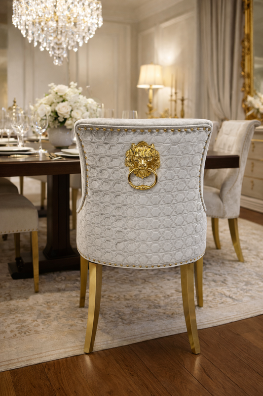 2 x G-Roma Silver Grey Chairs (Lion Knocker/Gold Legs)
