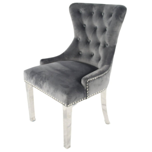 2 x Chelsea 01 Dark Grey Chairs (Lion Knocker/Chrome Legs) detail