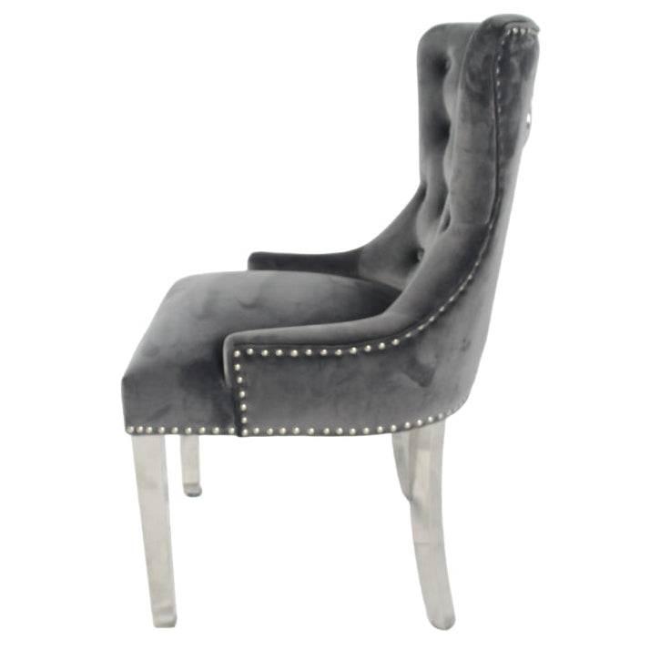 2 x Chelsea 01 Dark Grey Chairs (Lion Knocker/Chrome Legs) detail