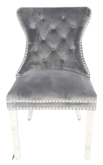 2 x Mayfair Dark Grey Chairs (Lion Knocker/Chrome Legs) detail