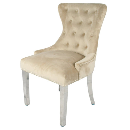 2 x Chelsea 01 Cream Chairs (Lion Knocker/Chrome Legs) detail