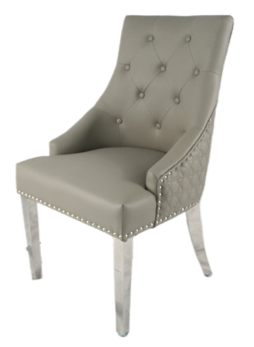 2 x Roma PU Light Grey Chairs (Ring Knocker/Chrome Legs) detail