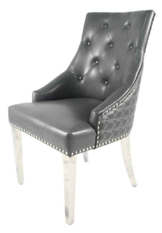 2 x Roma PU Dark Grey Chairs (Lion Knocker/Chrome Legs) detail