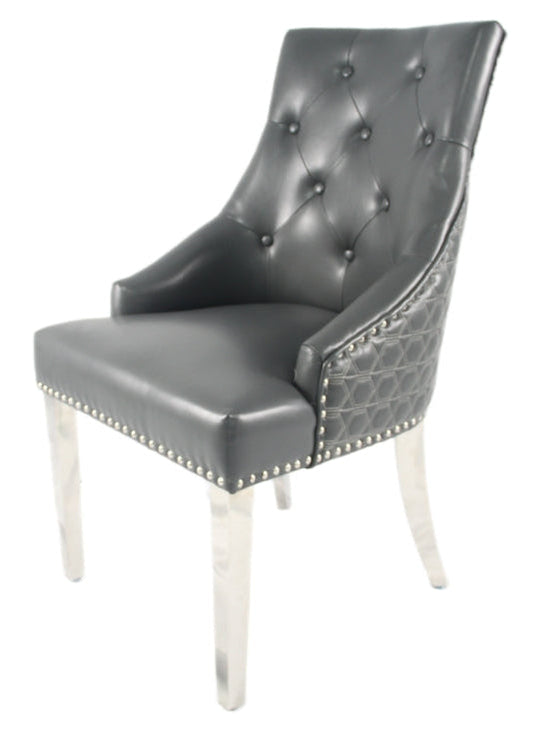 2 x Roma PU Dark Grey Chairs (Ring Knocker/Chrome Legs) detail