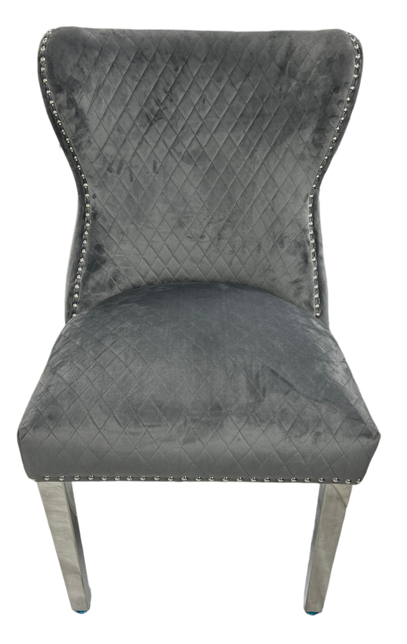 2 x Lewis 01 Plush Dark Grey Chairs (Lion Knocker/Chrome Legs) detail