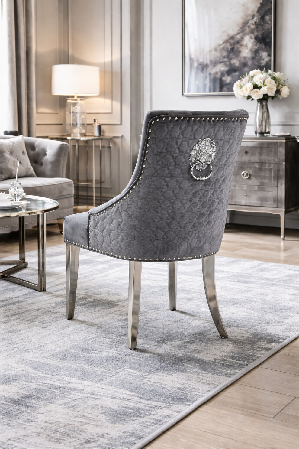 2 x Roma Dark Grey Chairs (Lion Knocker/Chrome Legs)