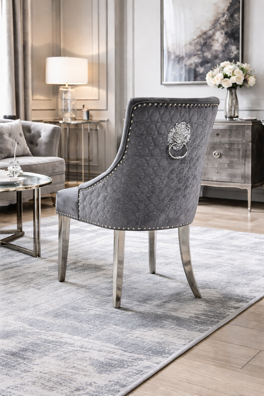2 x Roma Dark Grey Chairs (Lion Knocker/Chrome Legs)