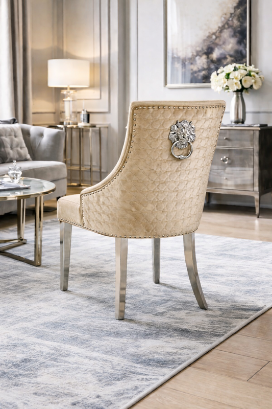 2 x Roma Mink Chairs (Lion Knocker/Chrome Legs) detail