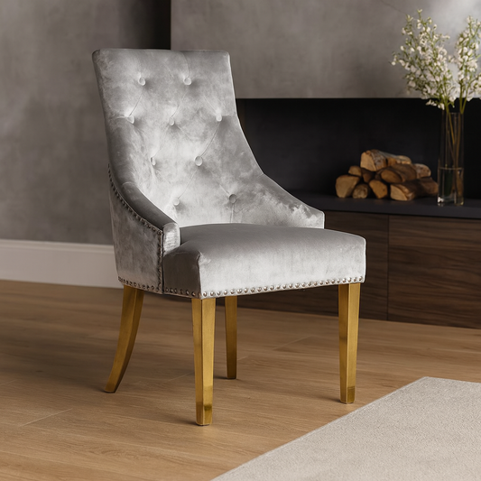 2 x G-Roma Silver Grey Chairs (Lion Knocker/Gold Legs) detail